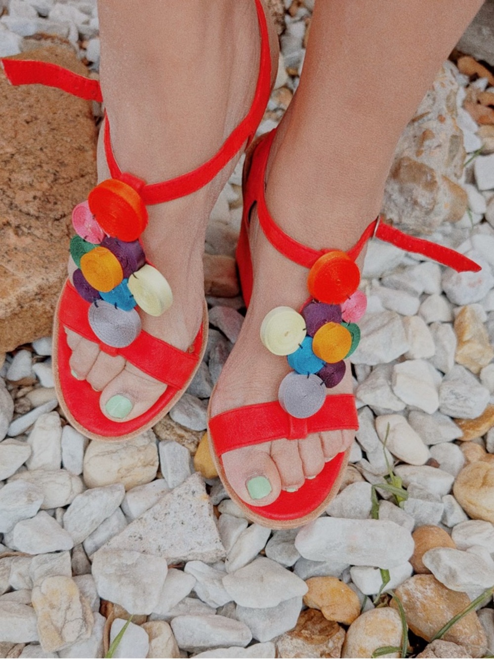 Anthropologie Red Multicolor Disc Strap Wedge Sandals